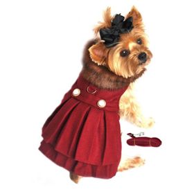 Wool Fur-Trimmed Dog Harness Coat by Doggie Design (Color: Burgundy, size: medium)